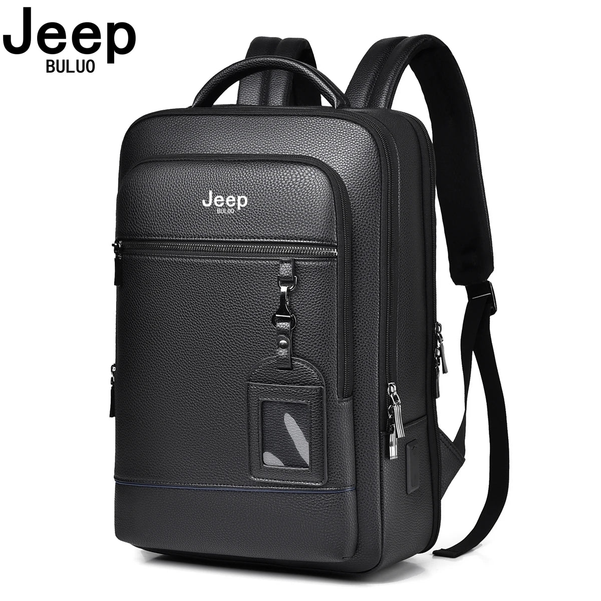 JEEP BULUO Men'Genuine Leather Business Backpacks Black Casual 15.6" Laptop bag