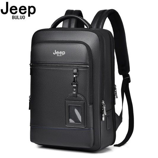 JEEP BULUO Men'Genuine Leather Business Backpacks Black Casual 15.6" Laptop bag