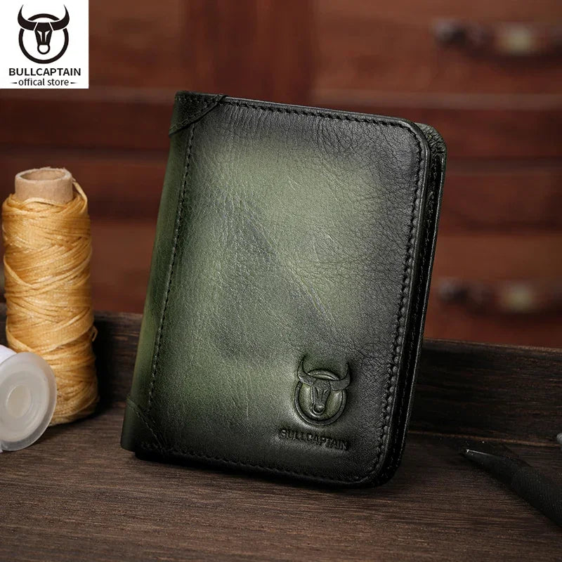 BULLCAPTAIN Men's Genuine Leather Wallet Casual Retro Cash Clip RFID Antimagnetic Multi-Card Slot Cowhide Coin Purse