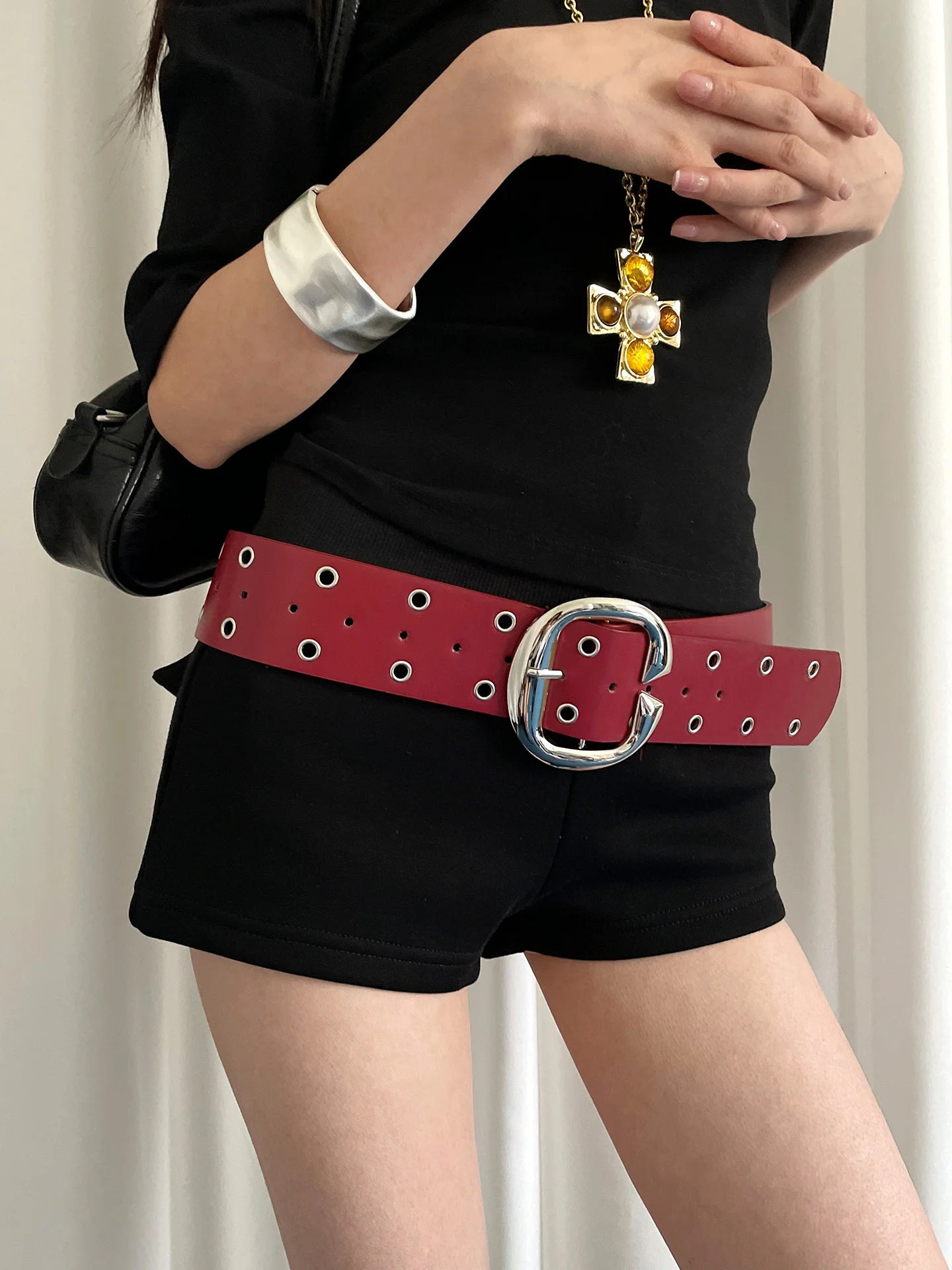 Heavy Industrial Punk Style Double-Row Hole Decoration Wide Version Belt For Women A Niche And Versatile Leather Belt