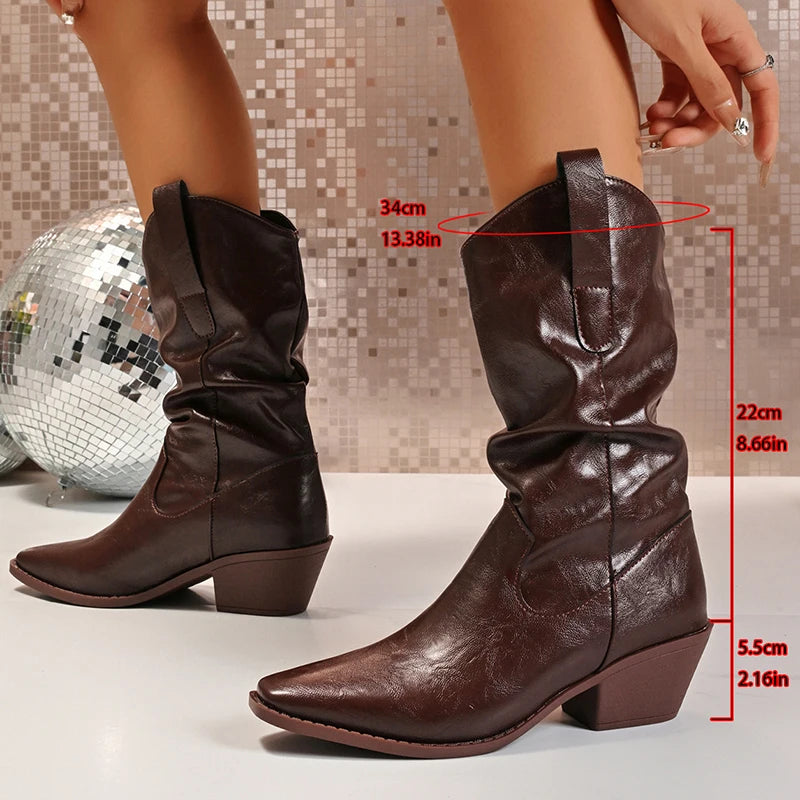 Brown Pu Leather Western Boots for Women Sexy Pointed Toe Thick Heels Mid Calf Boots Woman Slip On Fashion Botas Plus Size 42