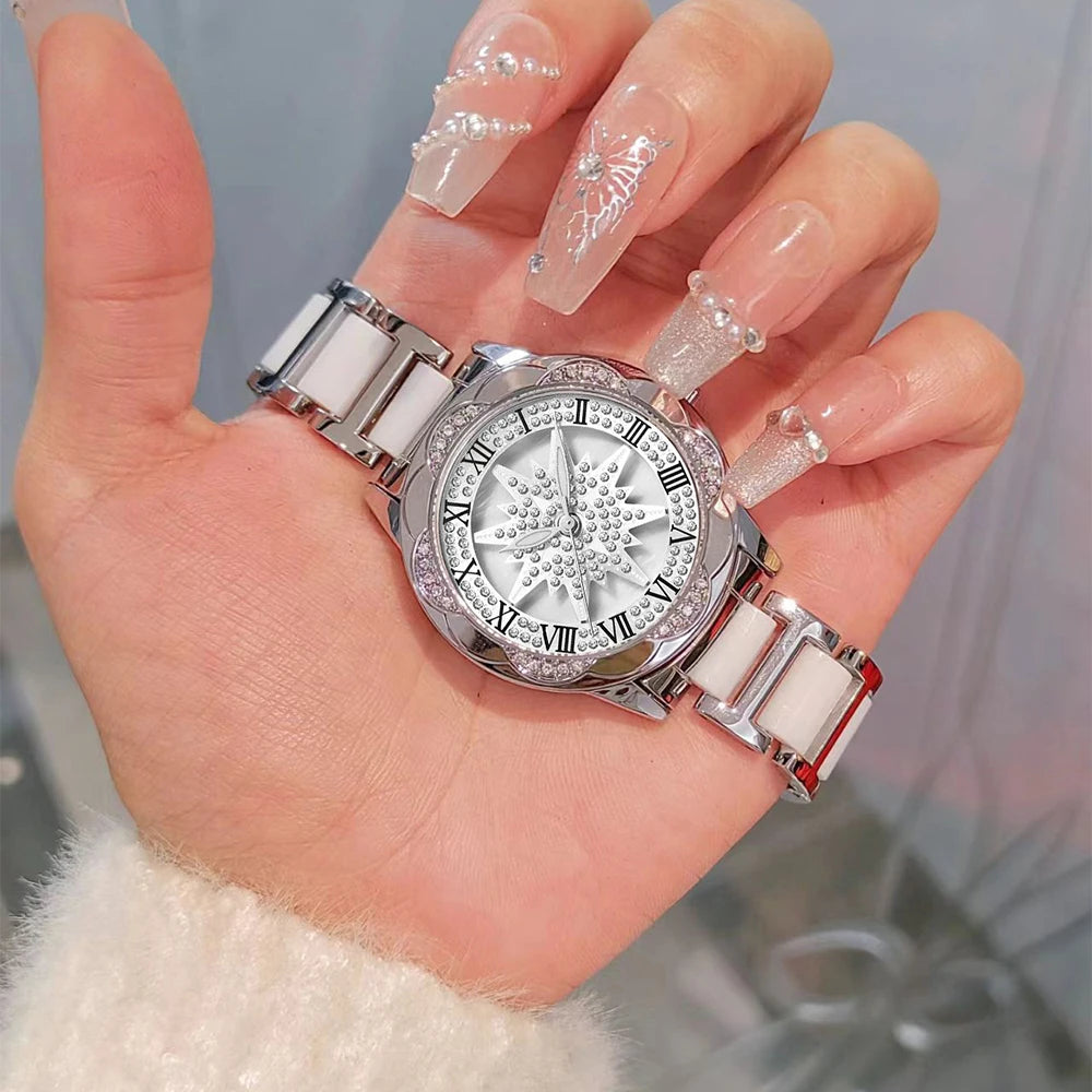 Ladies Watch Luxury Rotate Diamond Dial Wristwatch Waterproof Fashionable Elegant High End Temperament Round Woman Watches