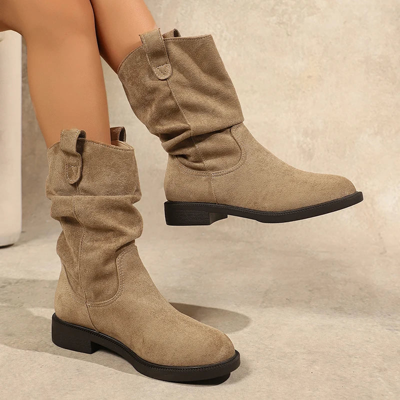 Autumn Winter Low Heel Mid Calf Boots Women 2025 Plus Size Slip On Western Boots Woman Vintage Pleated Design Flock Botas Mujer