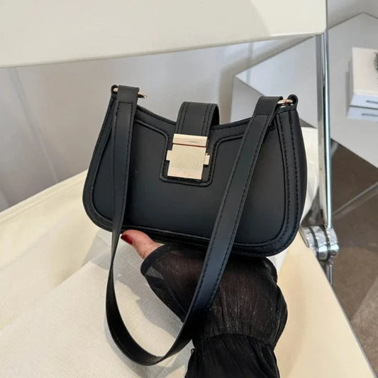 Women Vintage Handbag Brown PU Leather Gold Buckle Trendy Underarm Shoulder Bag Solid Color Handbag Women Luxury Simple Tote Bag