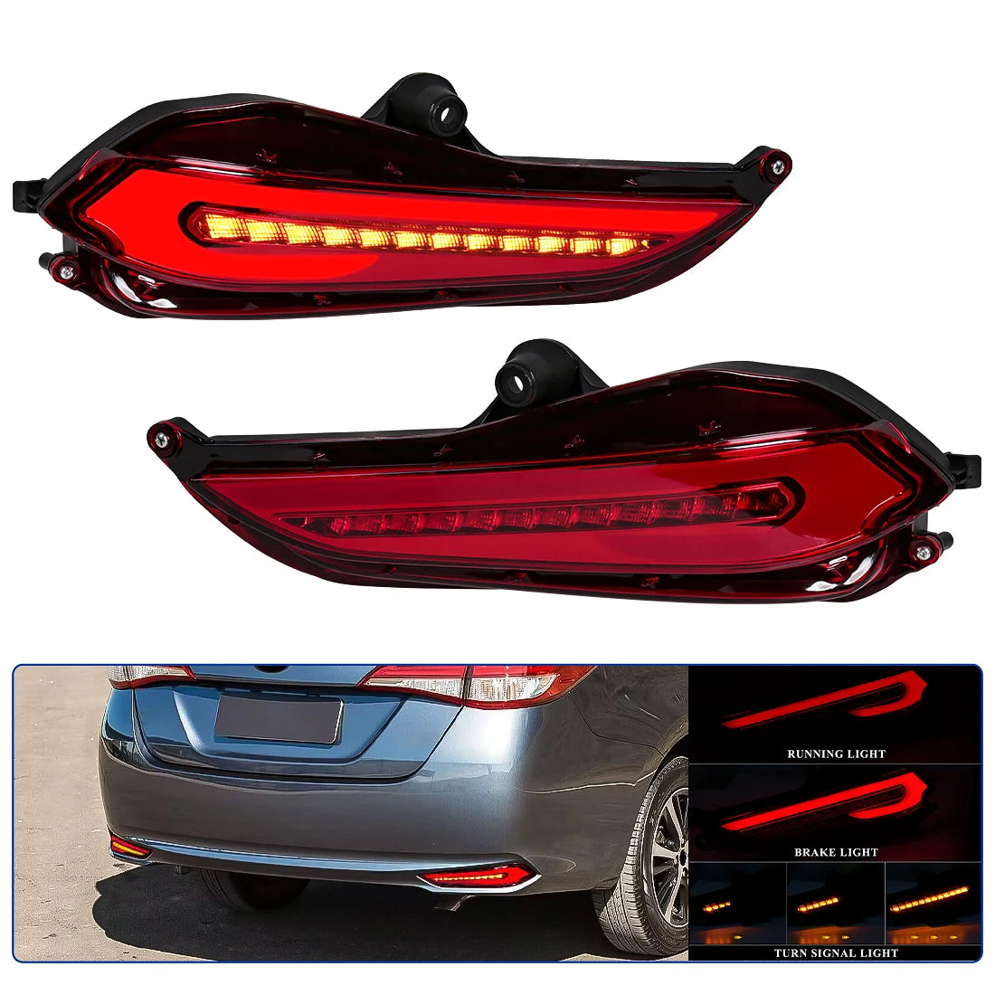 For Toyota Vios 2019 For Yaris 2017 2018 2019 LED Rear Bumper Reflector Lights Running Brake Warning Dynamic Turn Signal Lamps