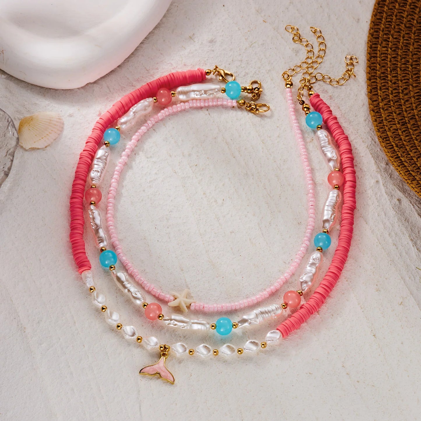 Bohemian Ocean 3Pcs Necklace Set For Women Fish Tail Starfish Pearl Polymer Clay Beaded Summer Jewelry