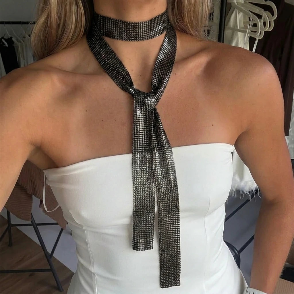 Liquid Metal Mesh Scarf Necklace for Women Gold Chainmail Wrap Tie Long Lariat Choker Elegant Evening Jewelry