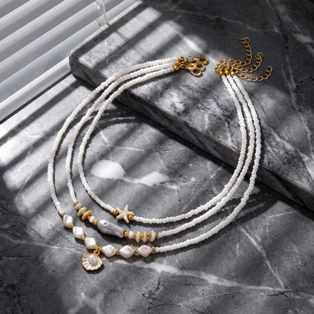 Tropical Fresh 3Pcs Layered Necklace Set For Women Starfish Fish Shell Rice Beaded Summer Beach Jewelry