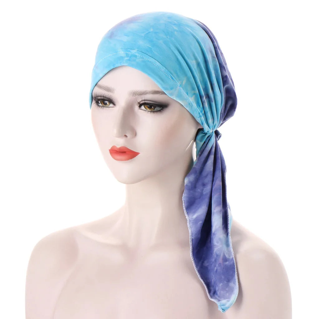 Trendy Print Women Muslim Hijab Caps Wrap Head Soft Elastic Long Tail Turban Bonnet Fashion Headdress Wearable