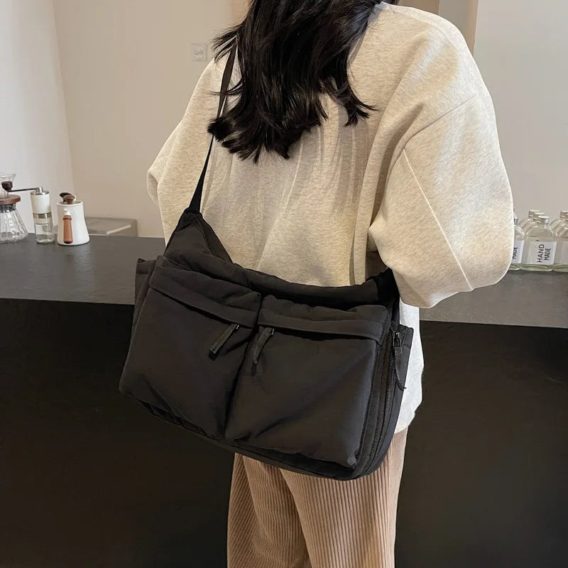 Black Casual Work Style Waterproof Nylon Crossbody Shoulder Bag W/Large Capacity