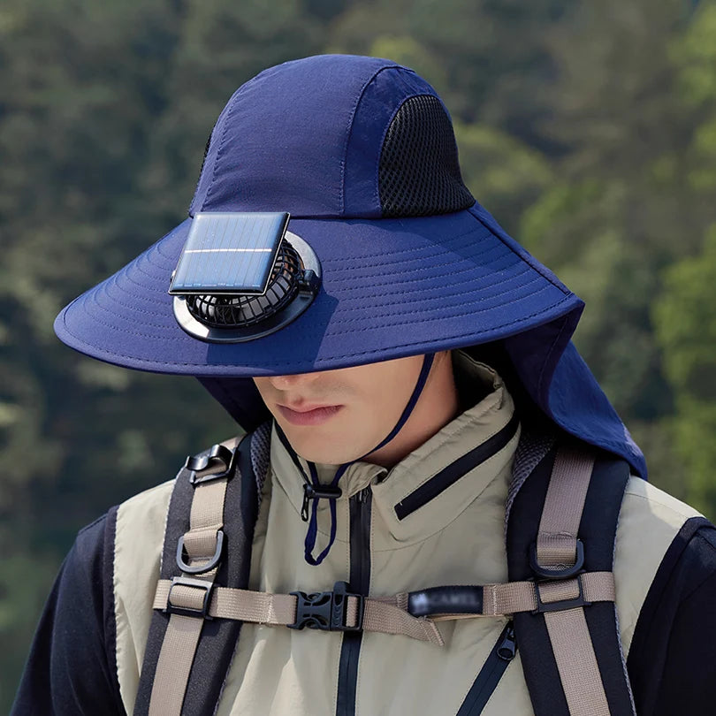 9217Ultra-wide brim sun hat, 1pc solar fan hat, waterproof bucket hat for fishing, hiking and camping