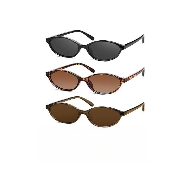 3 Piece Retro Oval Cat Eye Sunglasses for Women Fashionable Narrow UV Protective Lenses