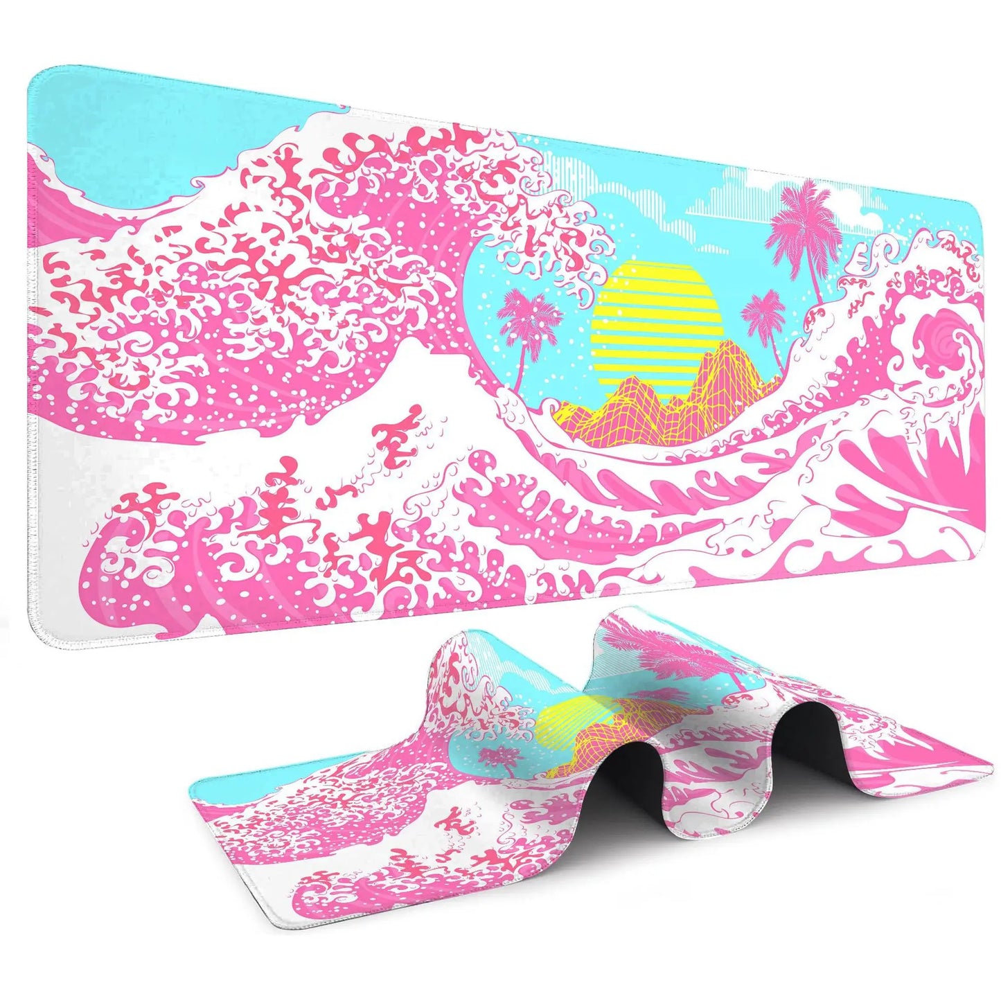 Japanese Sea Wave Large Mouse Pad, Anime Black Gaming, Extended Mat Desk Pad, 3mm Thick Long Non-Slip Rubber Base Mice Pad