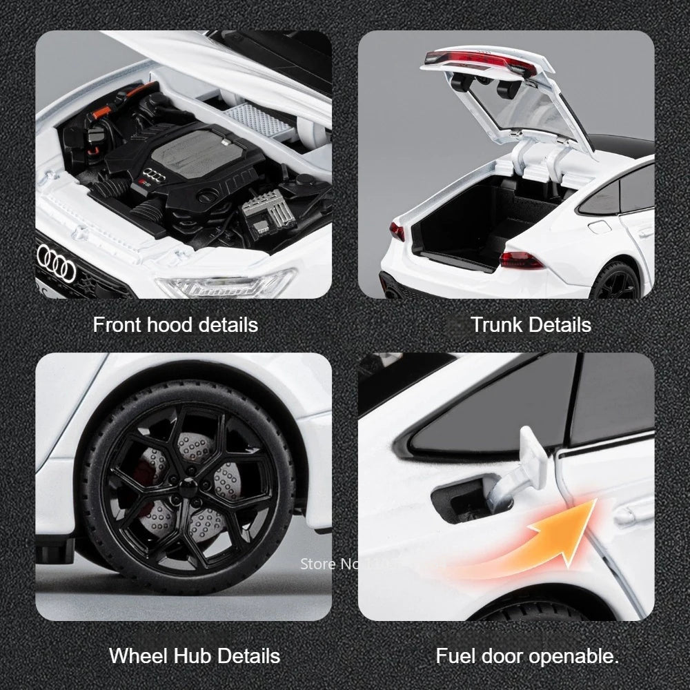 1:24 RS7 RS6 Miniature Car Model Diecast Alloy Toy Front Wheel Steering with Sound Light Pull Back Vehice Bookshelf Collectibles