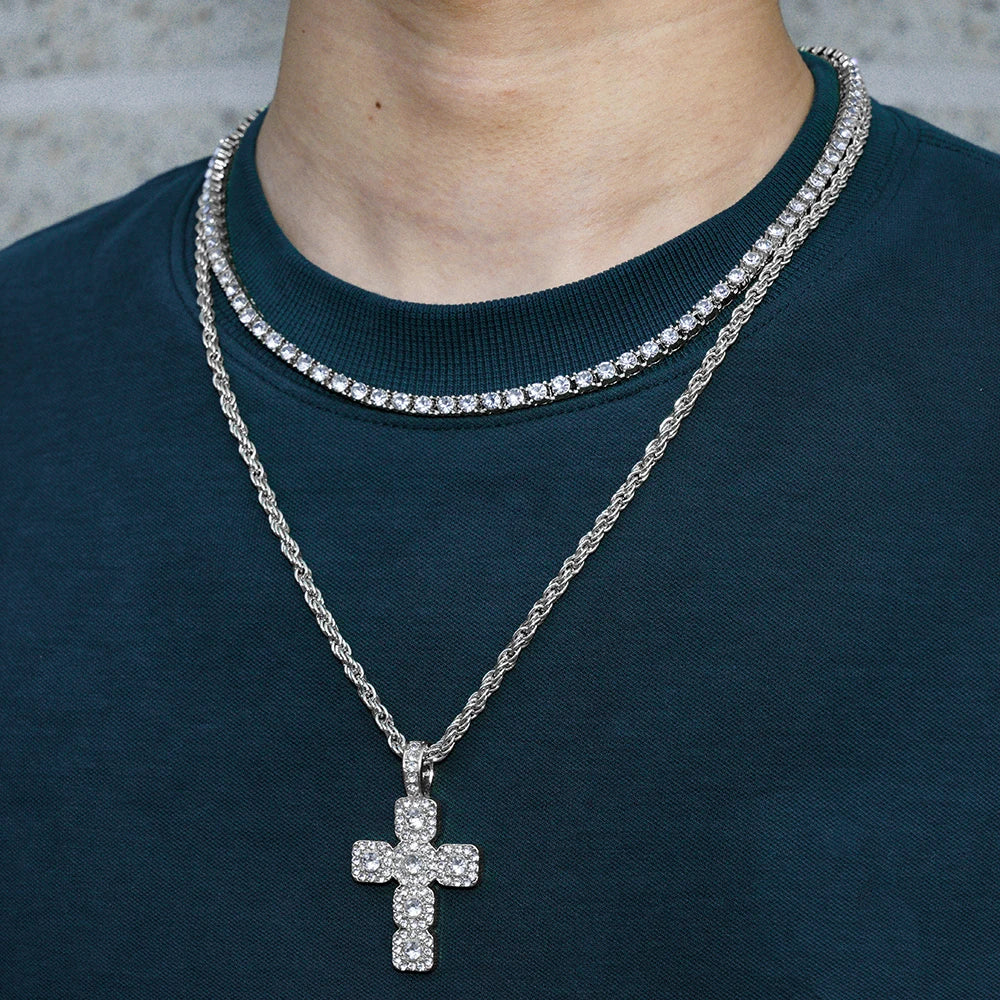 New Hip Hop Cross Pendant Necklace Strap Men 4mm Rhinestone Tennis Chain Iced Out Necklace Punk Jewelry Women Fashion Gift