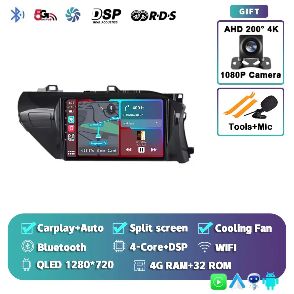 Car Radio For Toyota Hilux RHD 2015 2016 2017 2018 2020 2021 2023 Wireless Carplay Android Auto Multimedia Player Stereo WIFI 4G
