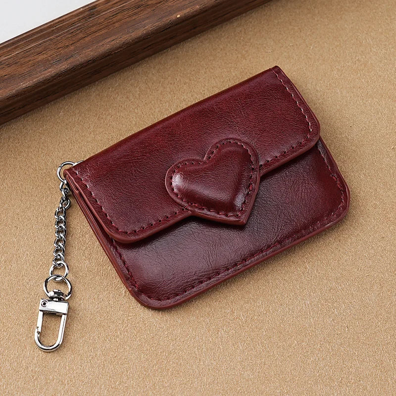 Mini Coin Purse Keychain Wallet Fashion PU Heart Buckle Multi-card Slots Card Holder Pouch Key Storage Bag for Women and Men