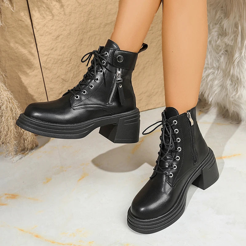 British Style High Heels Ankle Boots Women Plus Size 42 Lace Up Thick Heel Motorcycle Boots Woman Non Slip Pu Leather Botas