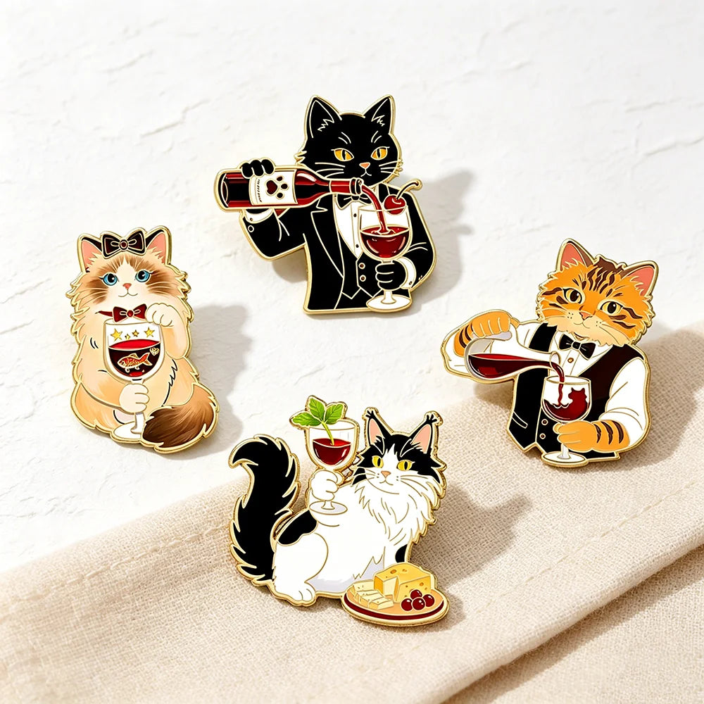 Funny Gentleman Cat Enamel Pins Wine & Cheese Themed Cute Animal Brooches Cute Waiter Kitty Lapel Badges Backpack Jewelry Gifts