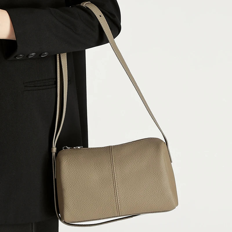 Genuine Leather Mini Crossbody Bag for Women Simple Pebbled Leather Shoulder Bag Casual Daily Small Satchels Handbag with Zipper