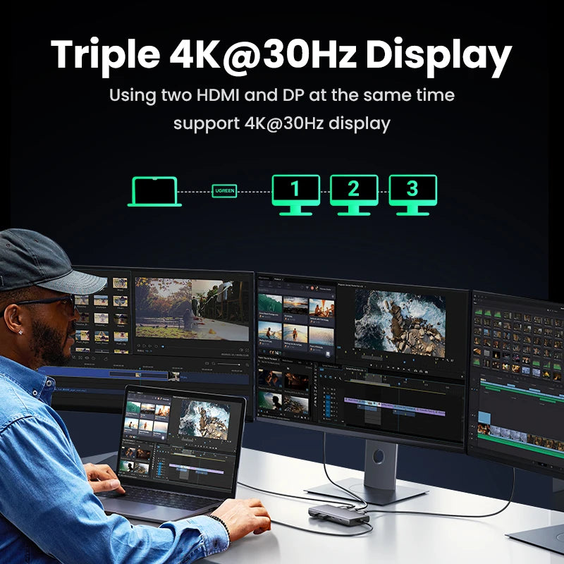 Triple Display USB C HUB 10Gbps 4K HDMI Adapter 8-in-1 Splitter with HDMI DP