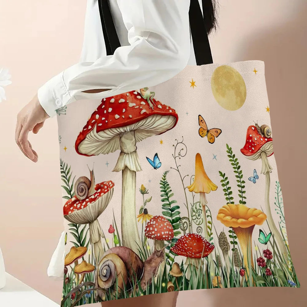 Cute Mushroom Print Shopping Bag Lady Handbag, Eco Reusable Large Tote Shop Bags