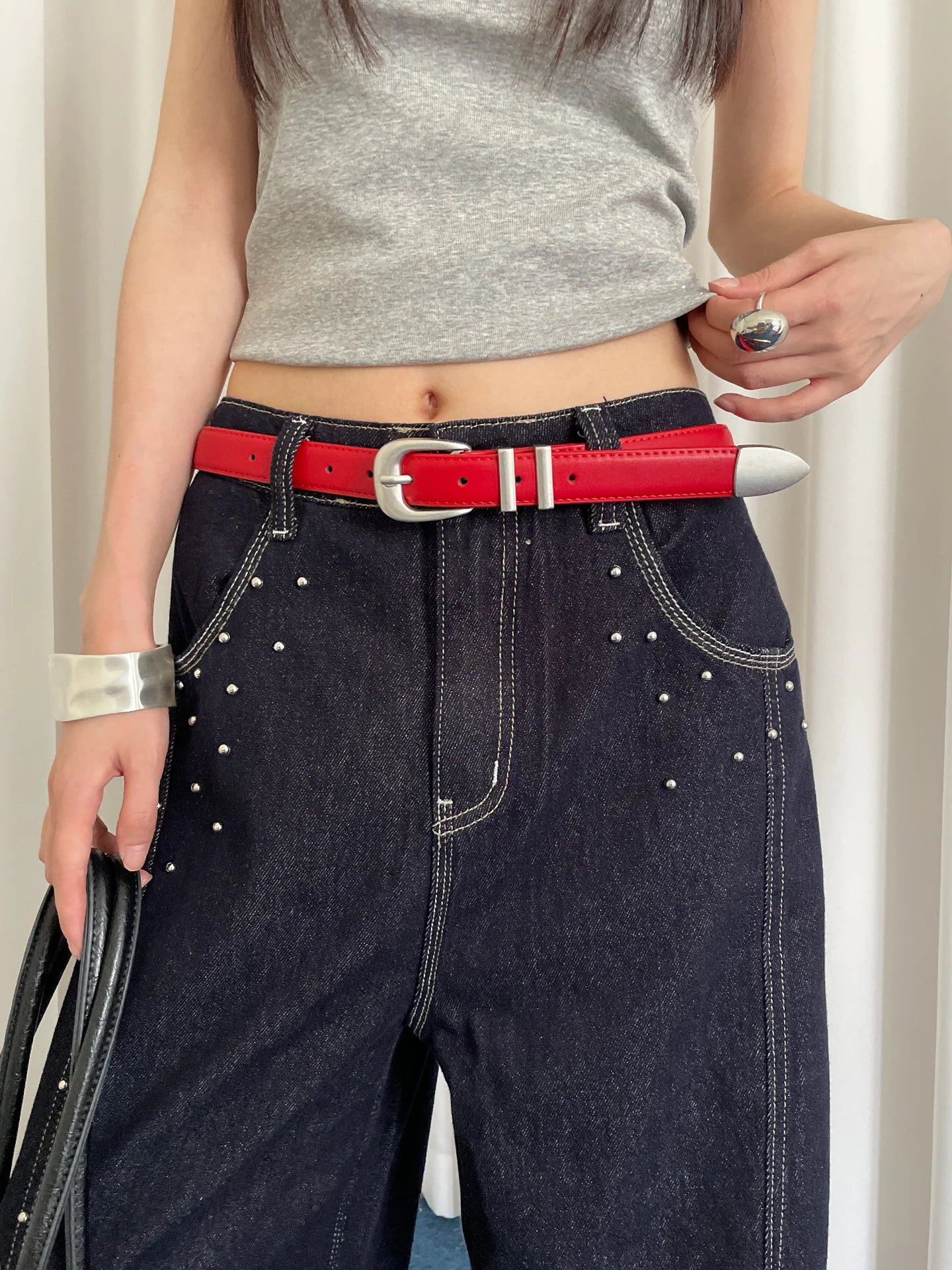 Women's 2025 New Red Cowhide Leather Belt With A Sense Of Design Suitable For Jeans Fashionable And Versatile Belt To Trim The