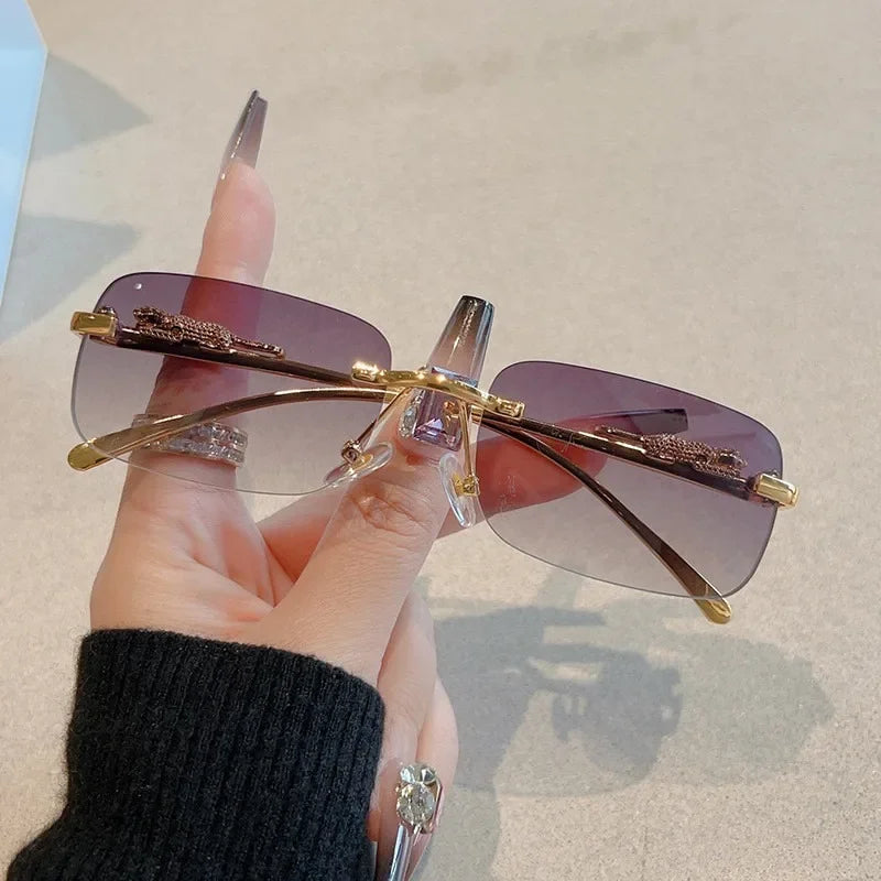 Korean Retro Square Rimless Sunglasses Seaside Cheetah Decoration Frameless Gradient Lens Eyeglasse Outdoor UV Protective Shades