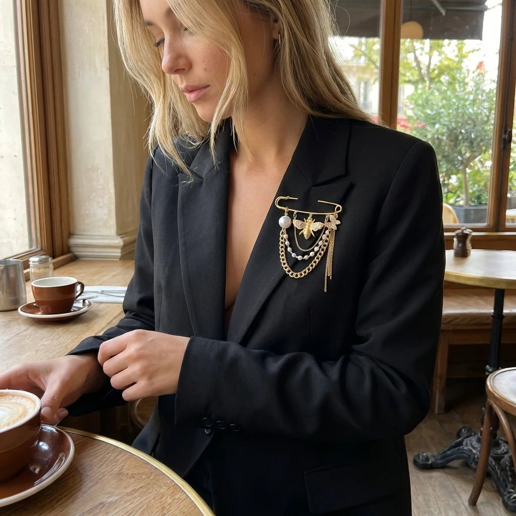 Elegant Bee Butterfly Rhinestone Brooch Multi Layer Chain Tassel Pearl Pin for Women Suit Coat Lapel Jewelry