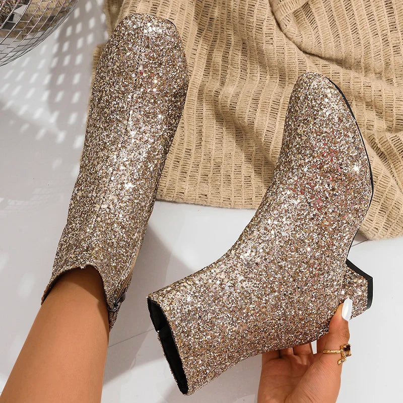 Fashion Gold Sequin Ankle Boots Women 2025 Large Size Zipper Chunky Heel Boots Woman Streertear Shiny Short Booties Mujer 36-43