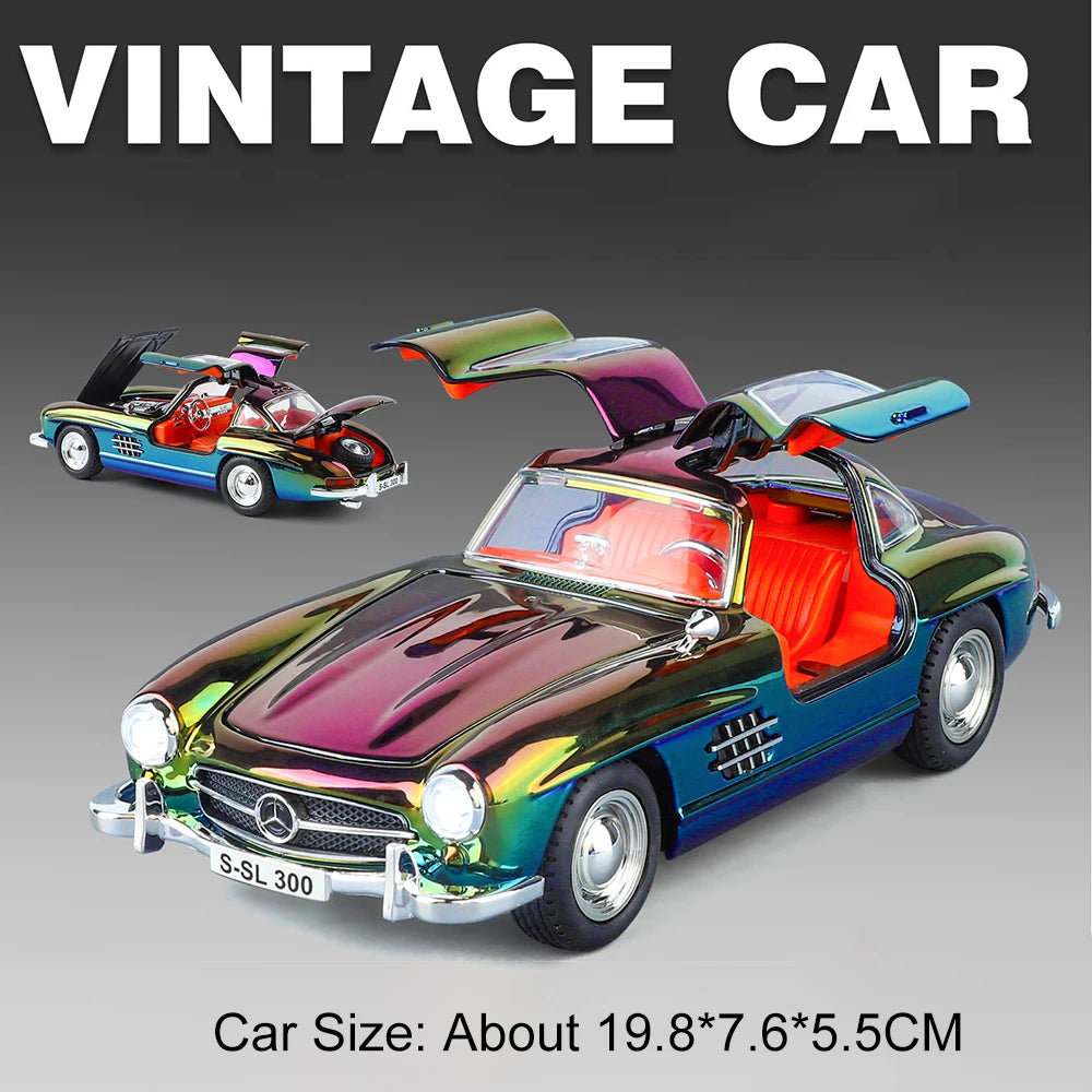 1:24 300SL 500K Alloy Vintage Car Diecast Toy Model Shock Absorption Door Opened Sound Light Pull Back Miniature Models Boy Gift
