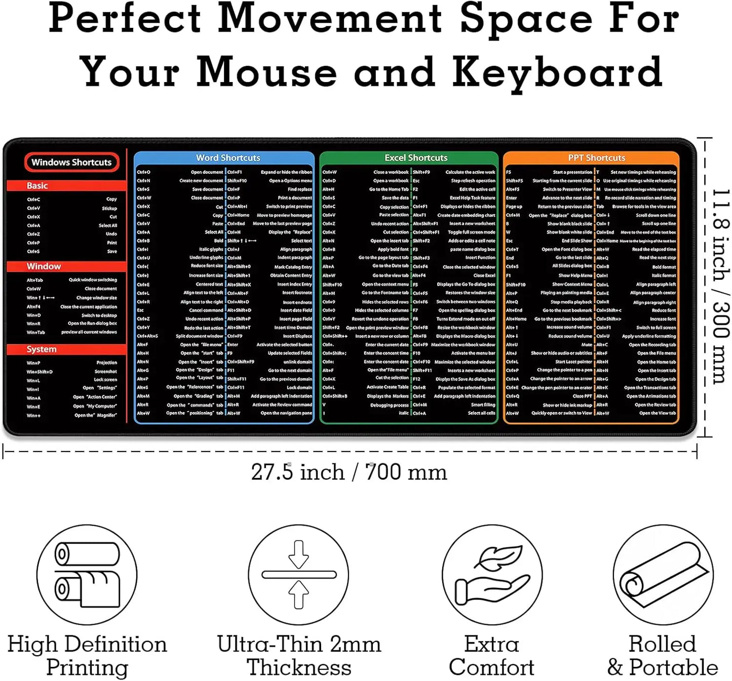Excel/Word/Windows/PPT Cheat Sheet Mouse pad, Extra Large Office Desk Accessory, Non-Slip Desk Mousepad for Computer Desk Mat