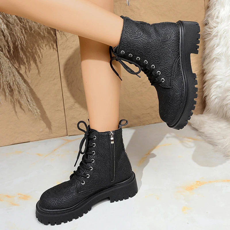 Flower Figure Thick Sole Short Boots Women Fashion Lace Up Platform Ankle Boots Woman 2025 Side Zipper Pu Leather Booties Mujer
