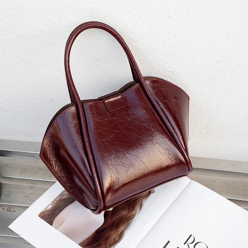 Genuine Cowhide Leather Top Handle Bag Set for Women Designer Oil Wax Leather Fan-Shaped Satchel with Matching Crossbody Pouch