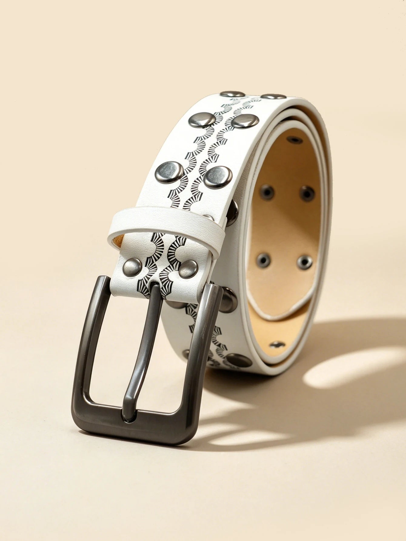 White Vintage Rivet Printed Belt, Gunmetal Square Buckle Embossed Unisex Casual Waistband