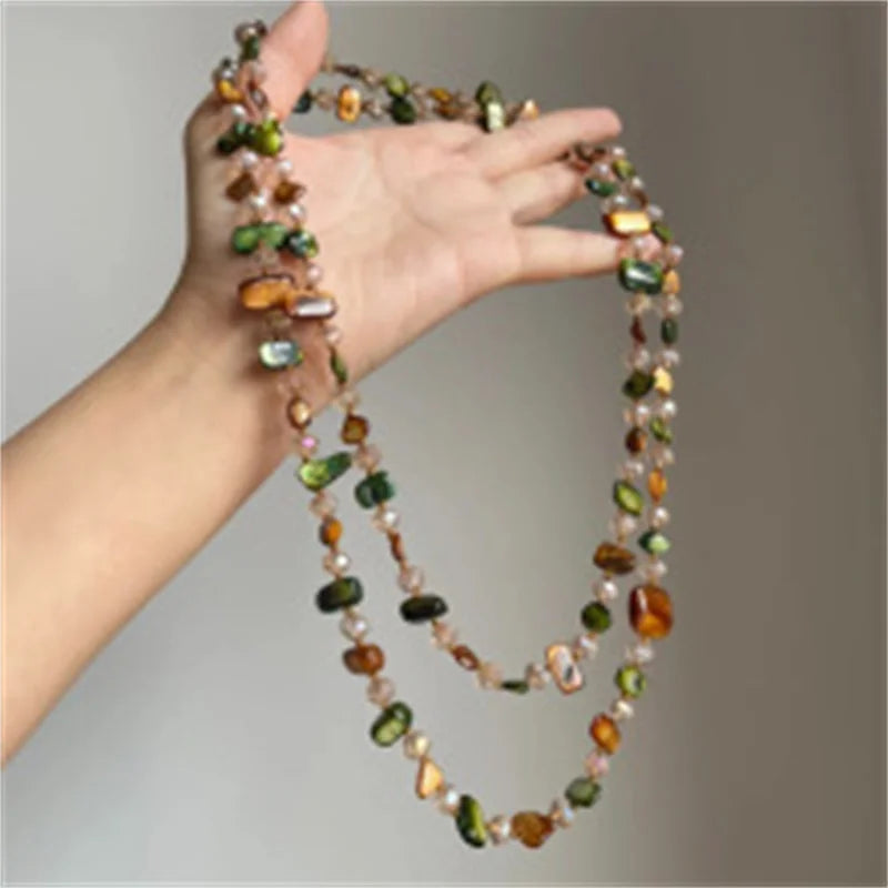Vintage Crystal Beads Layered Necklace for Women Bohemian Irregular Beaded Necklace Long Stacked Neck Chain Jewelry Accessories