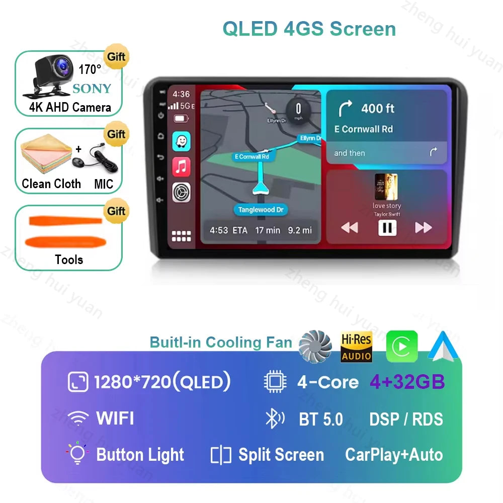 For Audi A3 8P 2003 2004 - 2013 Android 16 GPS WIFI 4G Carplay&Auto Car Radio Navigation QLED Multimedia Stereo Player BT
