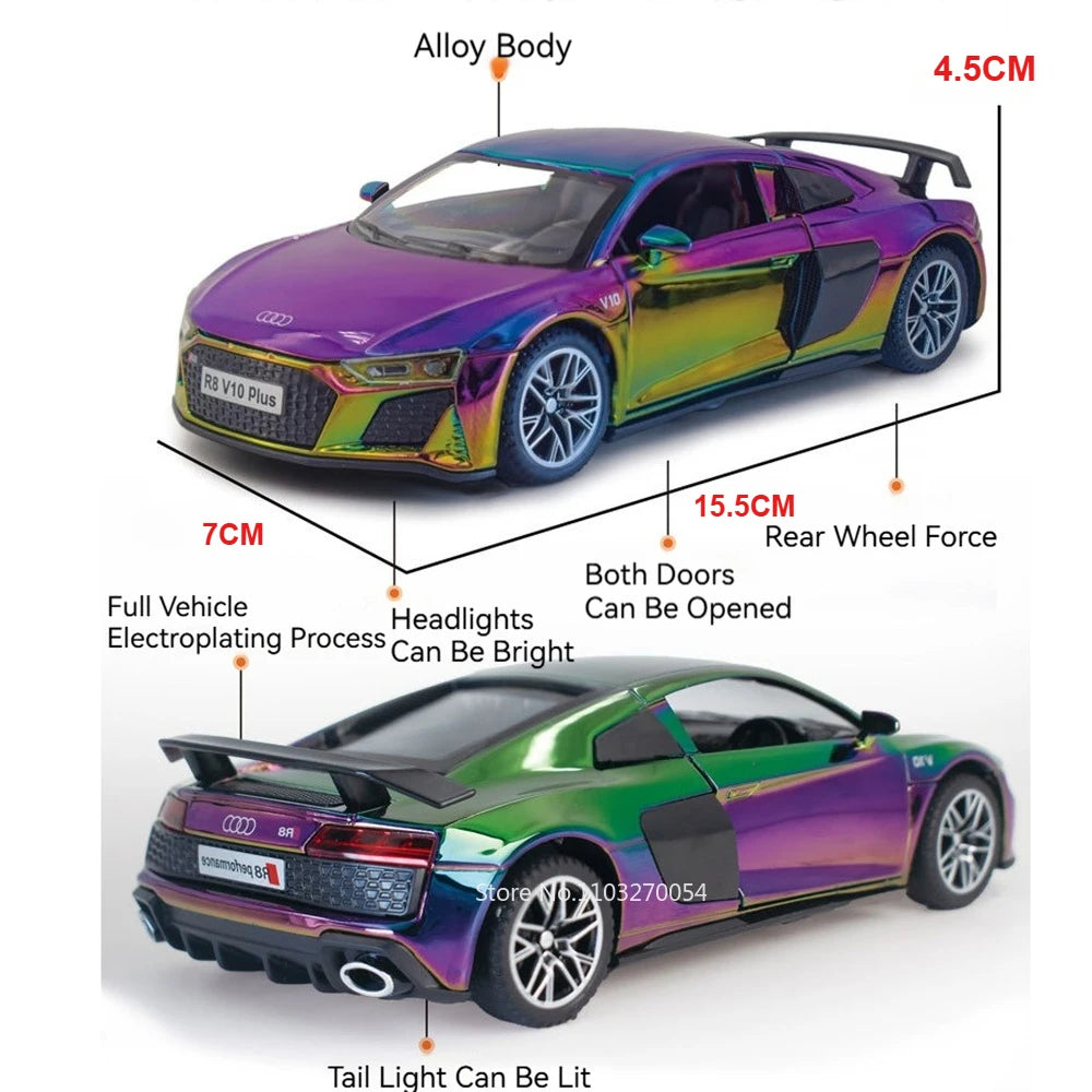1:32 R8 V10 Plus Lambor URUS Alloy Diecast Model Toys Car Doors Opened Sound Light Pull Back Miniature Vehice Kids Birthday Gift