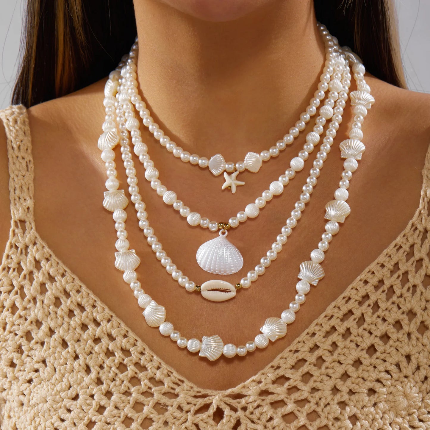 4Pcs/Set Vacation Shell Starfish Faux Pearl Necklace Summer Beach Ocean Theme Boho Layered Choker Jewelry For Women