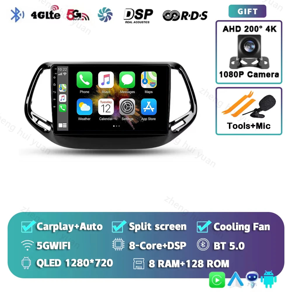 2K QLED For Jeep Compass 2 MP 2016 - 2018 Android 15 CarPlay Auto Car Radio Multimedia Video Player GPS stereo Head Unit 4G WIFI