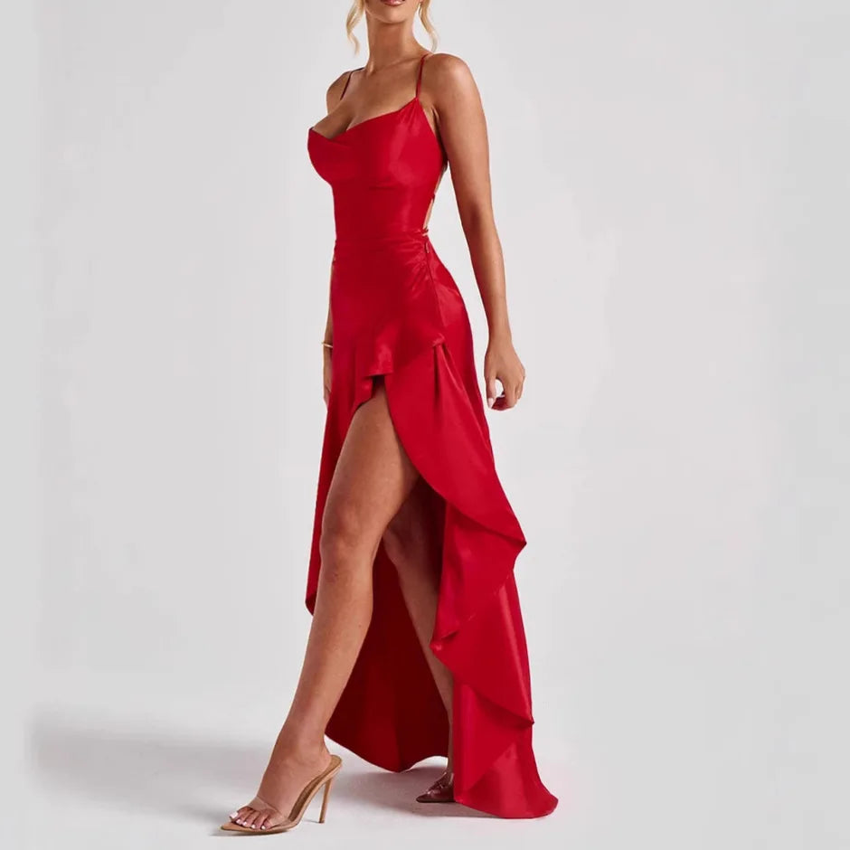 Summer Top Sexy Women's Straightening Strap Back Ruffle Irregular Satin Red Dress
