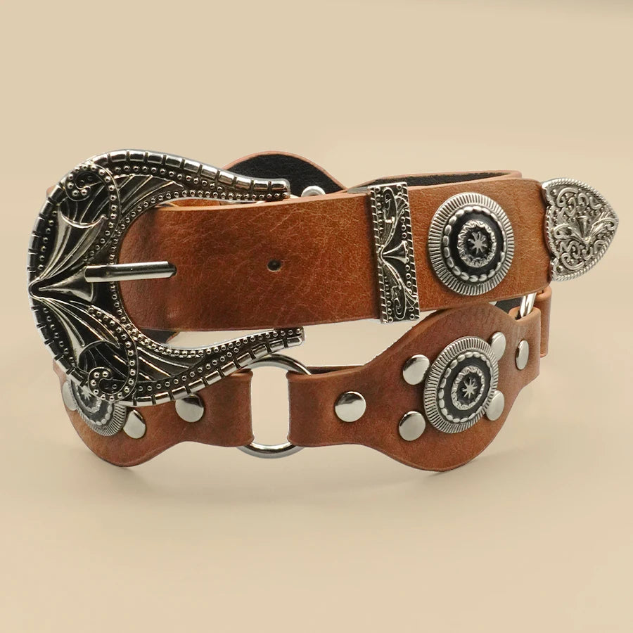 Brown Bohemian Vintage Women's Belt - Carved Rivet Design, Versatile for Daily, Date & Casual Wear