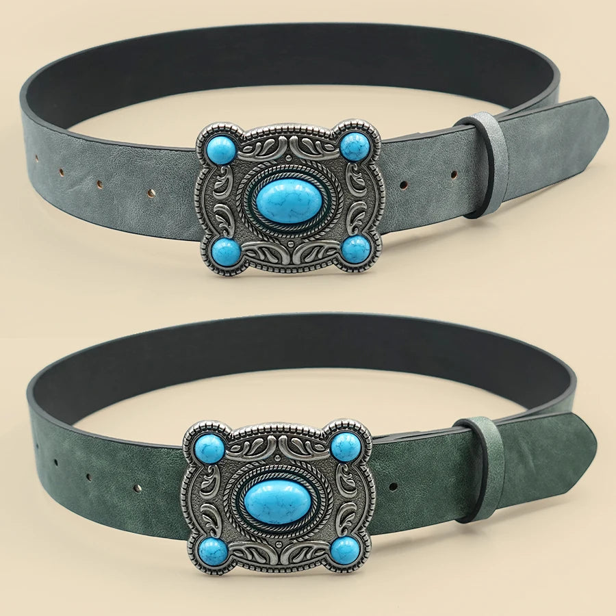 Bohemian Turquoise Square Buckle Belt - Premium Pu Waist Cincher with Minimalist Ethnic Design for Music Festivals & Dresses