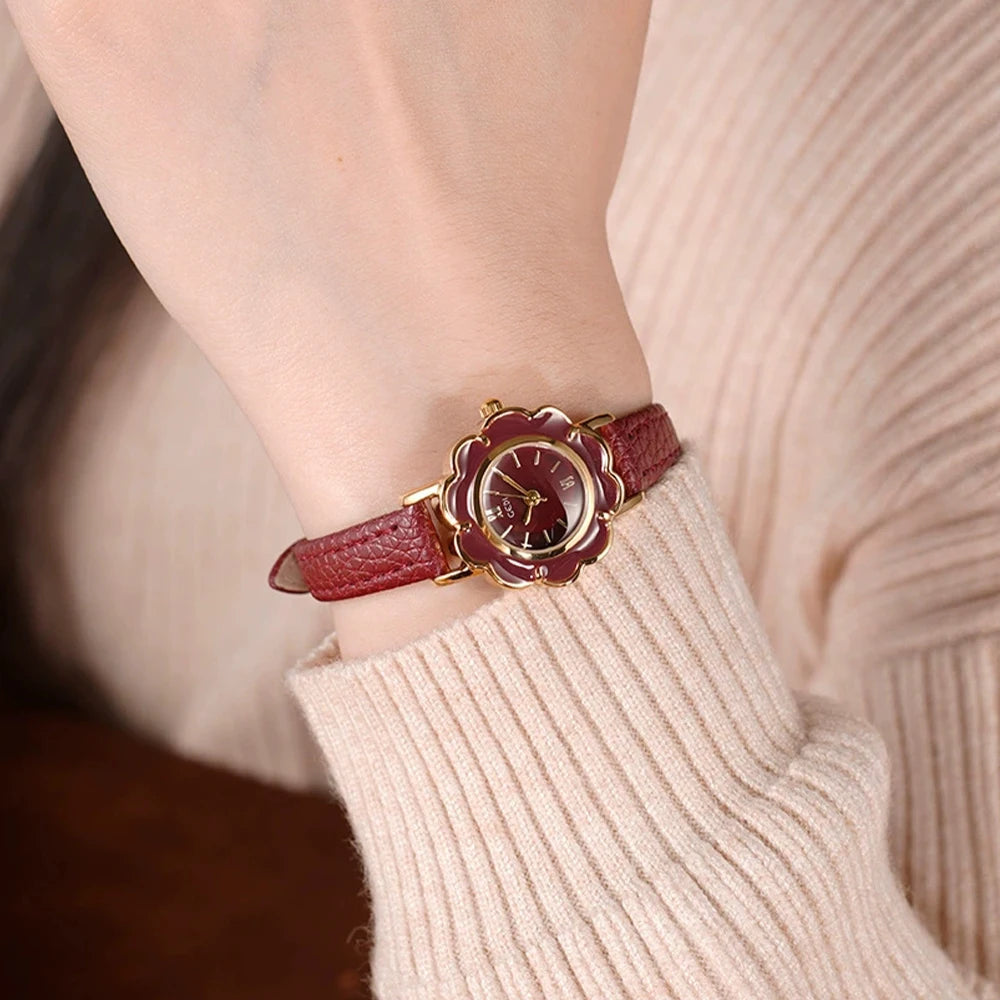 GEDI Fashion Ladies Small Watches Flower Dial Niche Minimalist Exquisite Vintage Leather Strap Quartz Watch Woman