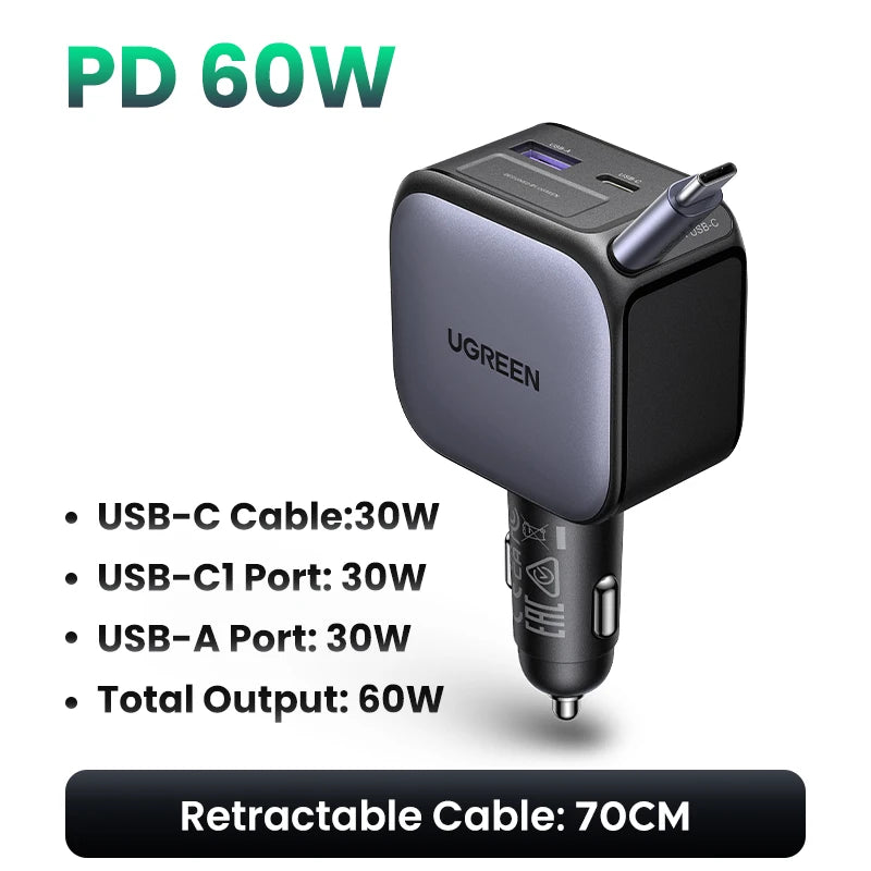UGREEN USB Type-C Car Charger PD145W 90W 60W Retractable Cable PD SCP AFC PPS Fast Charging For Tablet iPhone Samsung Xiaomi