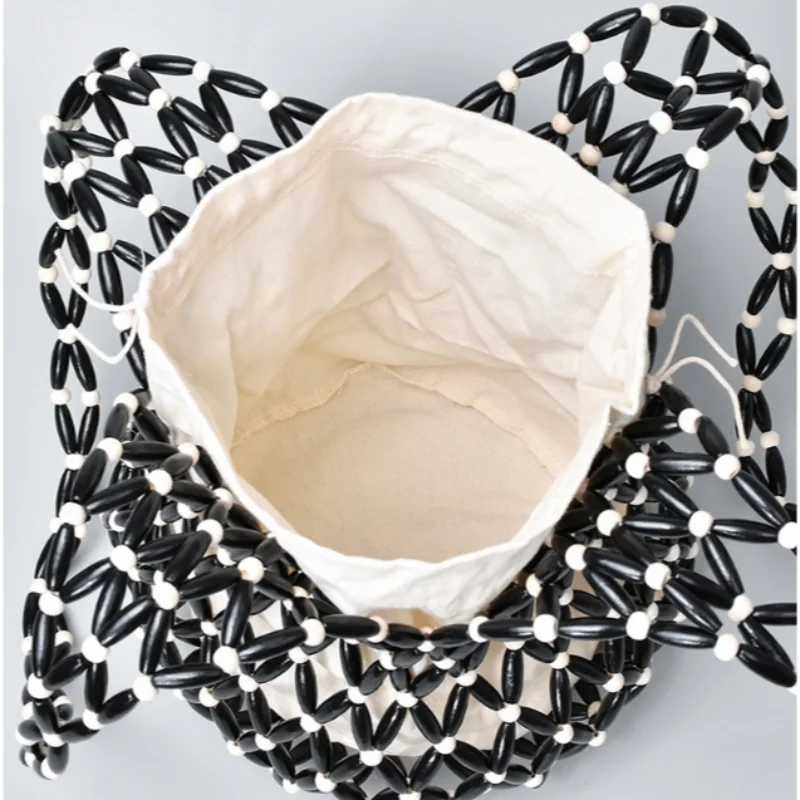 Black White Wooden Women's Hollow Beaded Seaside Handheld Shoulder Underarm Bag