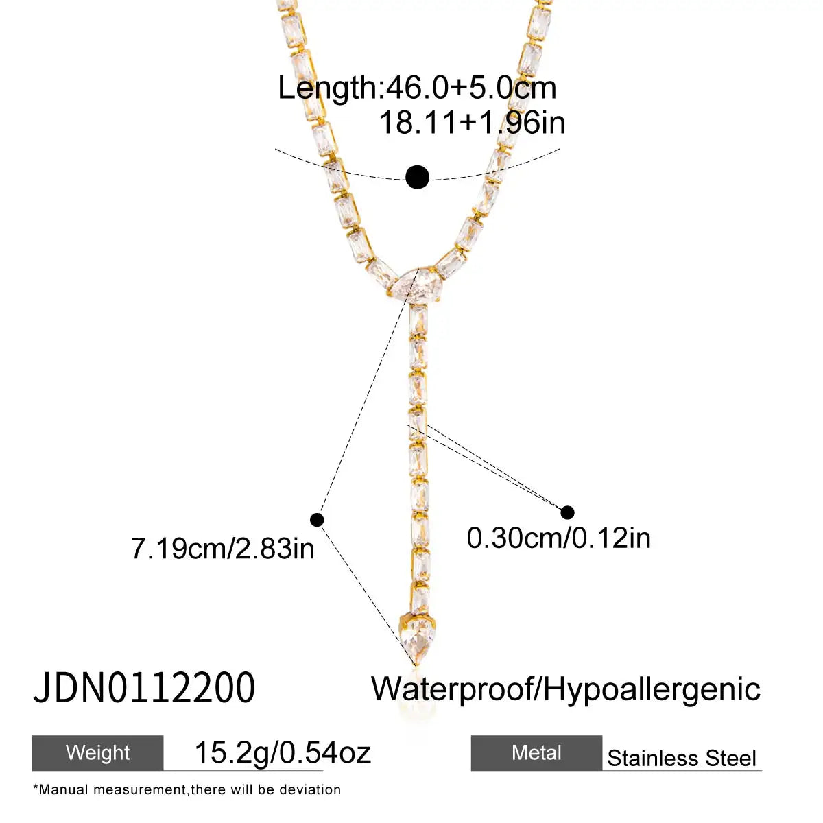Uworld Classic Minimalist 18K Gold Color Plated White Square Zircon Inlay Y-Shape Necklace Waterproof Stainless Steel Jewelry