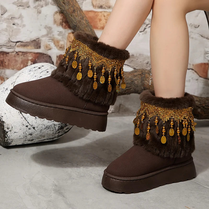 National Wind Sequins Fur Snow Boots Women Thick Sole Long Plush Winter Boots Woman Non Slip Cotton Padded Shoes Plus Size 43