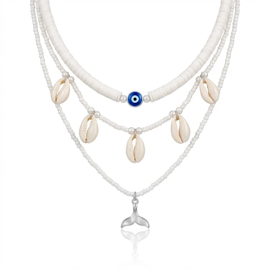 3Pcs/Set Pearl Shell Fishtail Evil Eye Necklace Set For Women Bohemian Ocean Pendant Choker