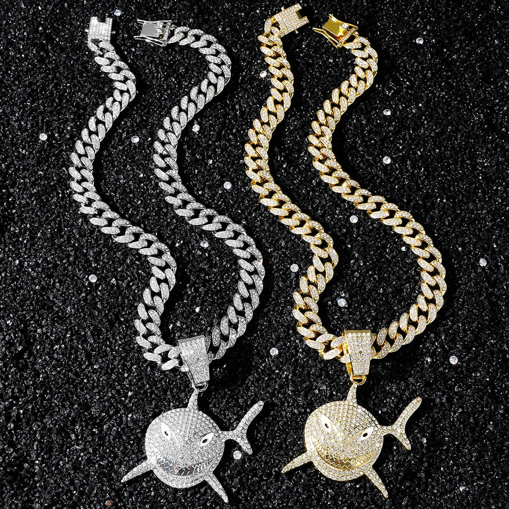 Big Size Shark Pendant Necklace For Men Hip Hop Bling Jewelry With 13mm Iced Out Rhinestone Miami Cuban Chain Fashion Jewelry